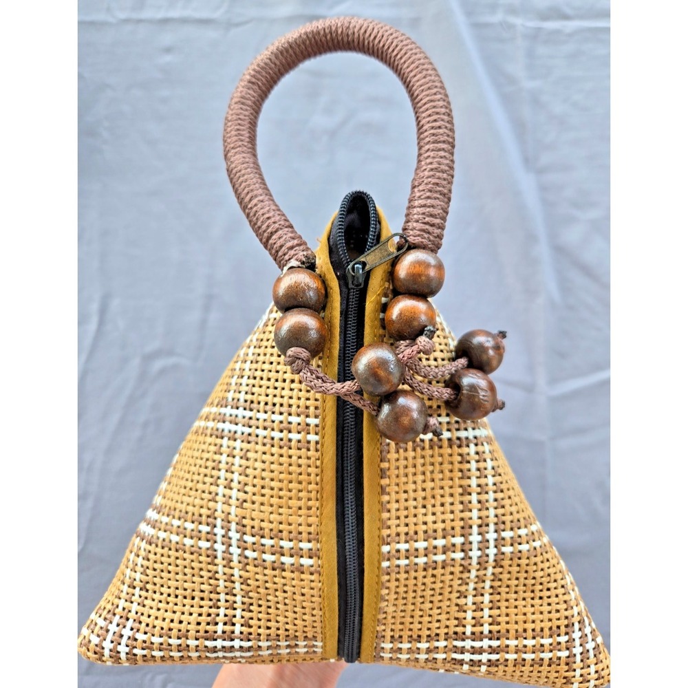 Thailand Woven Straw Rattan Grass Pyramid 3D Triangle Handbag Clutch Tan Plaid